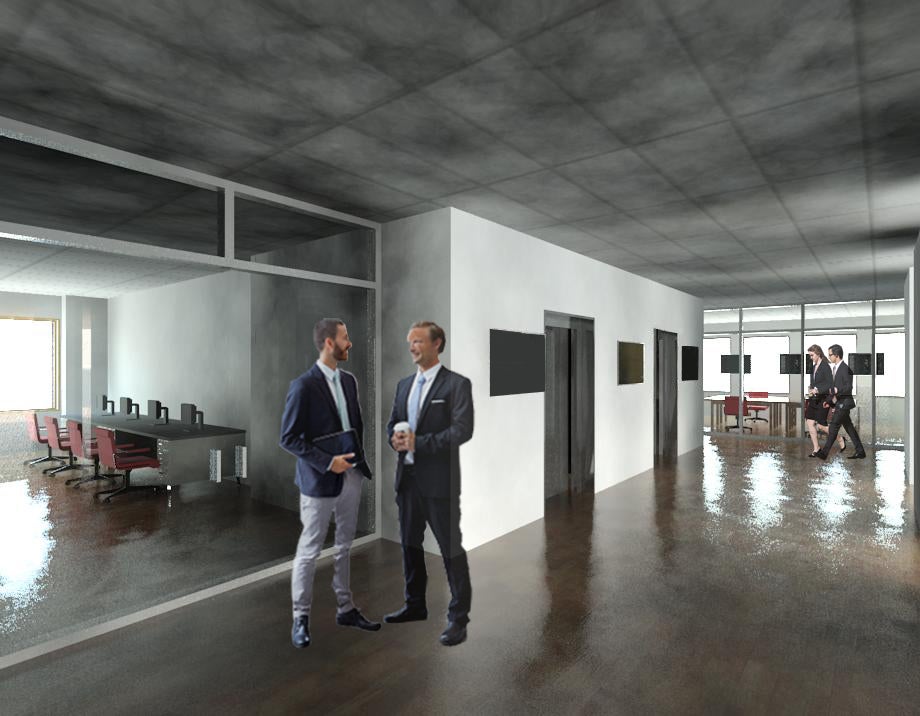 Graphic rendering of building with two men talking in hallway