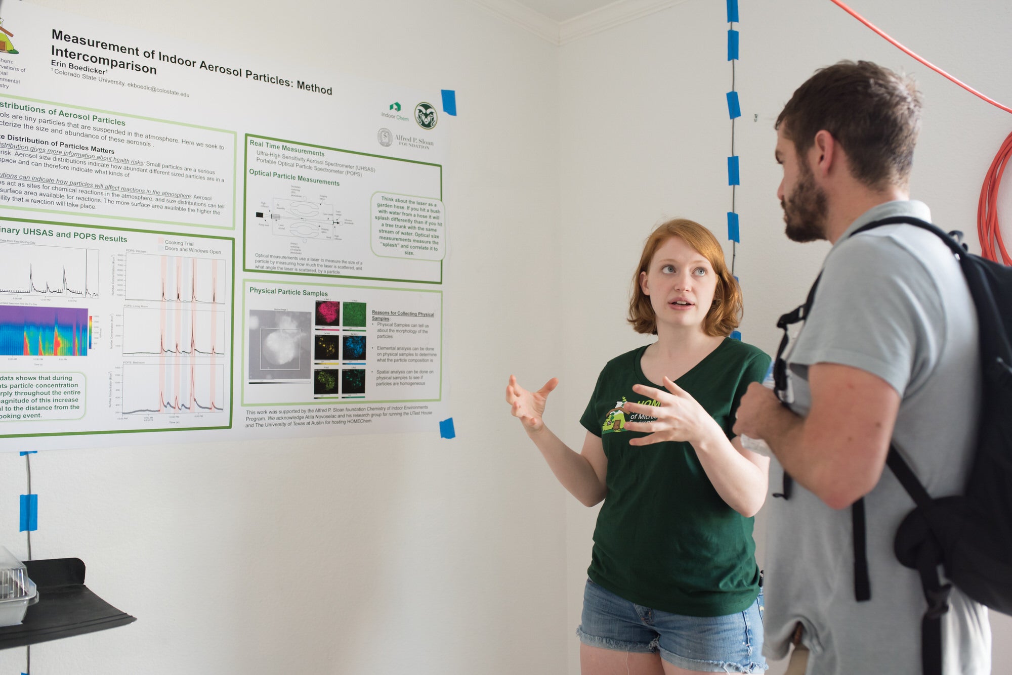 Undergraduate CAEE researcher presenting at the UTest house in front of poster