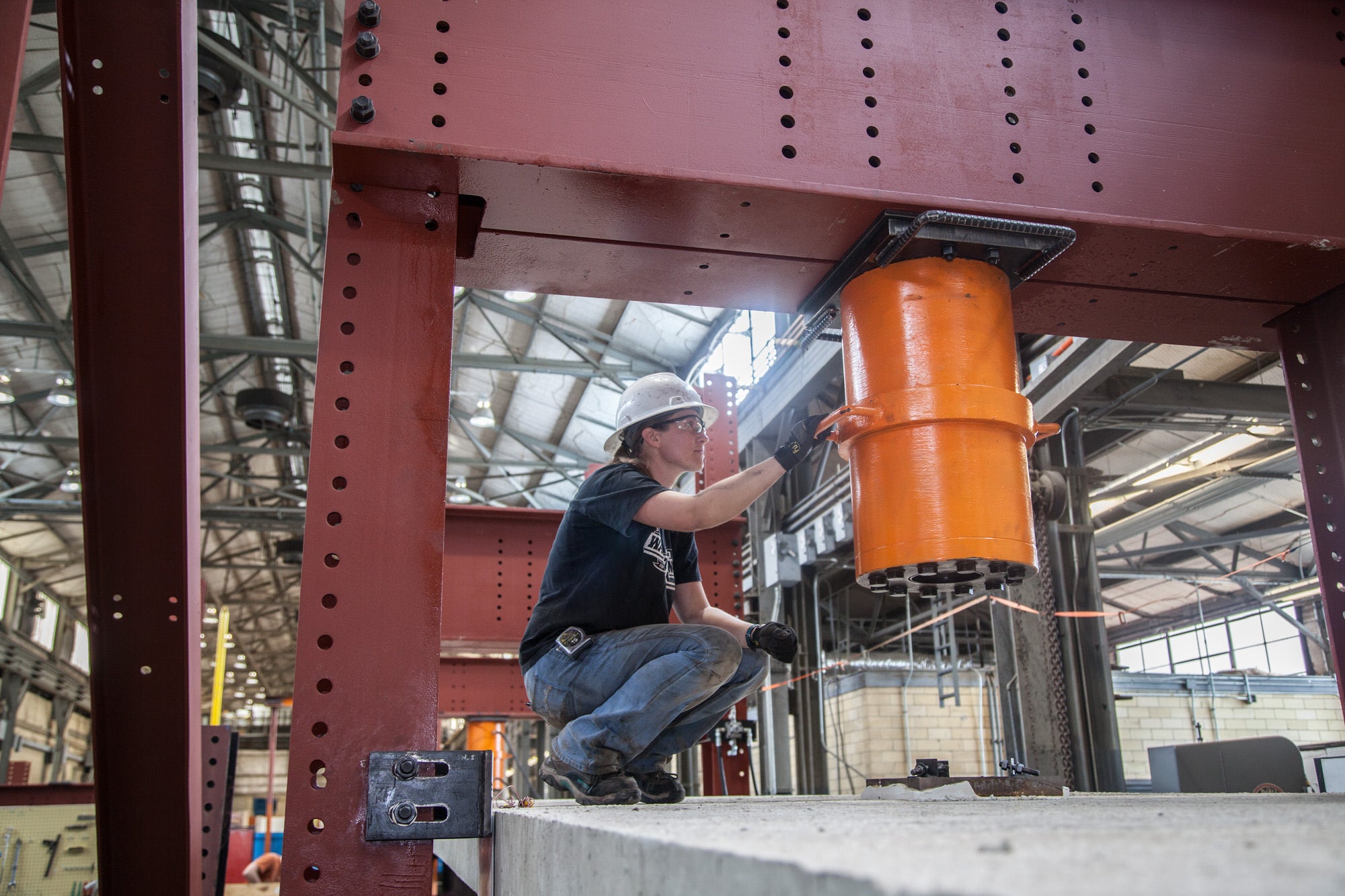Worker at the Ferguson Structural Engineering Laboratory on JJ Pickle campus